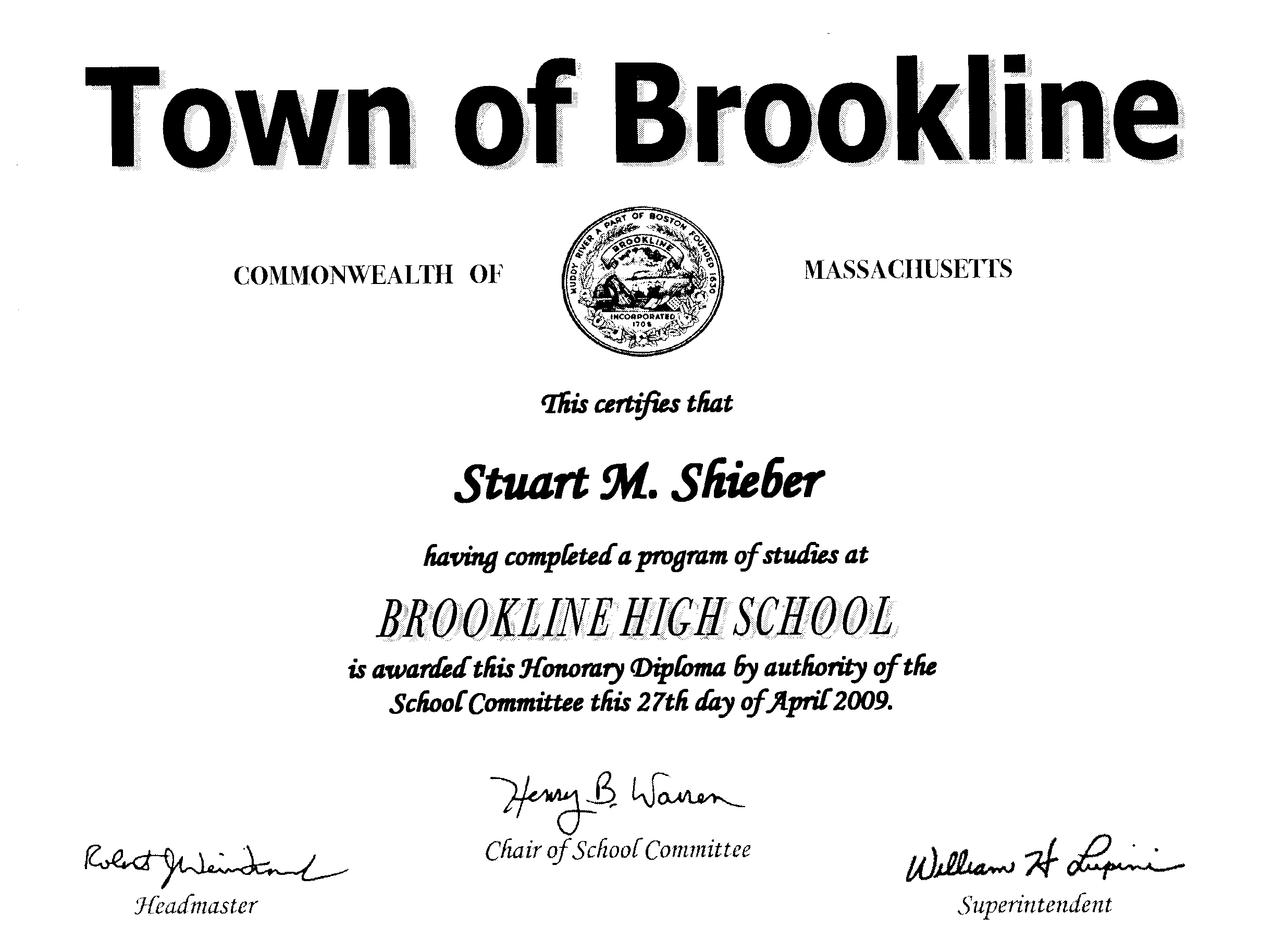 Brookline High School diploma